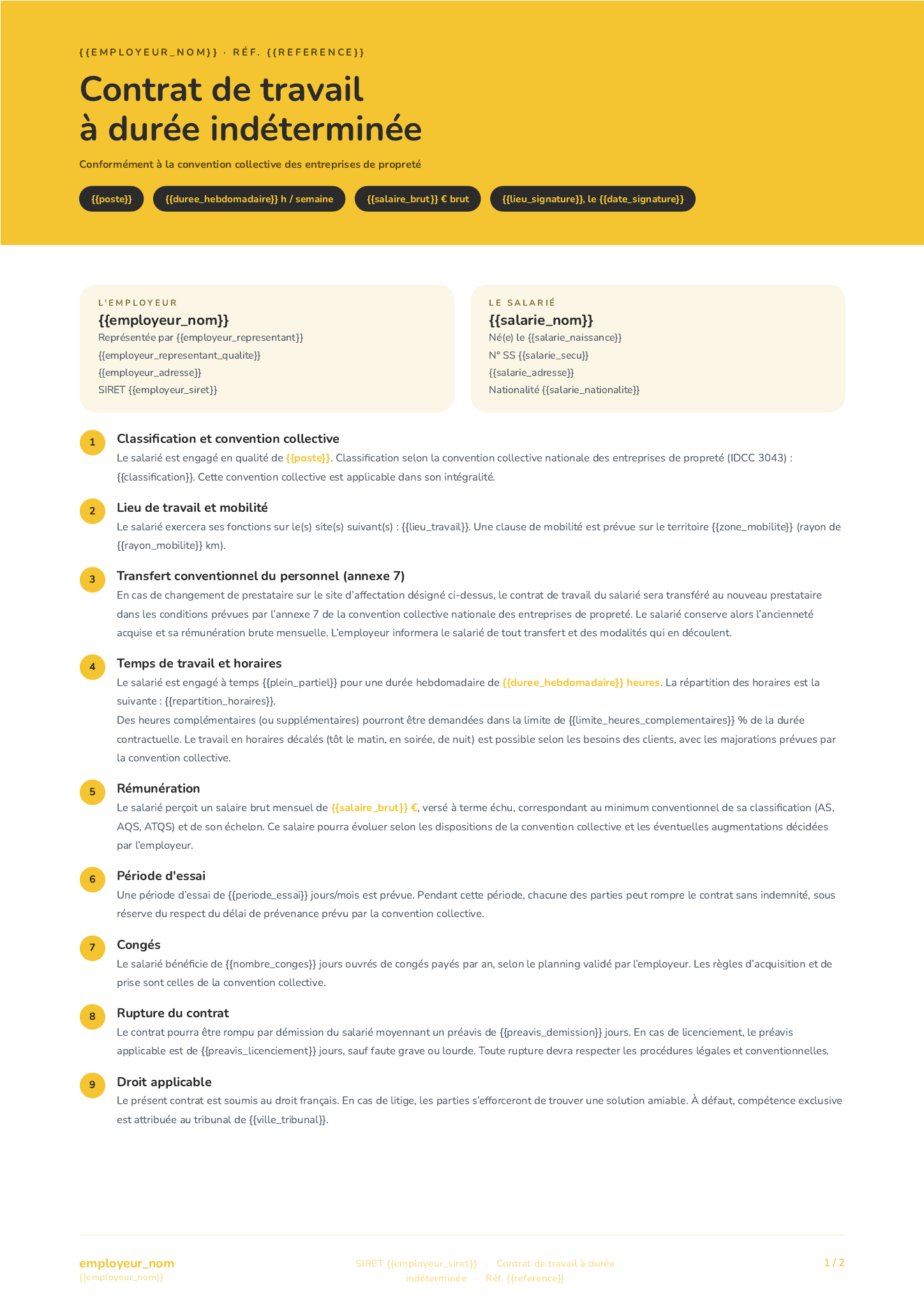 Modèle Contrat CDI propreté · Chaleureux
