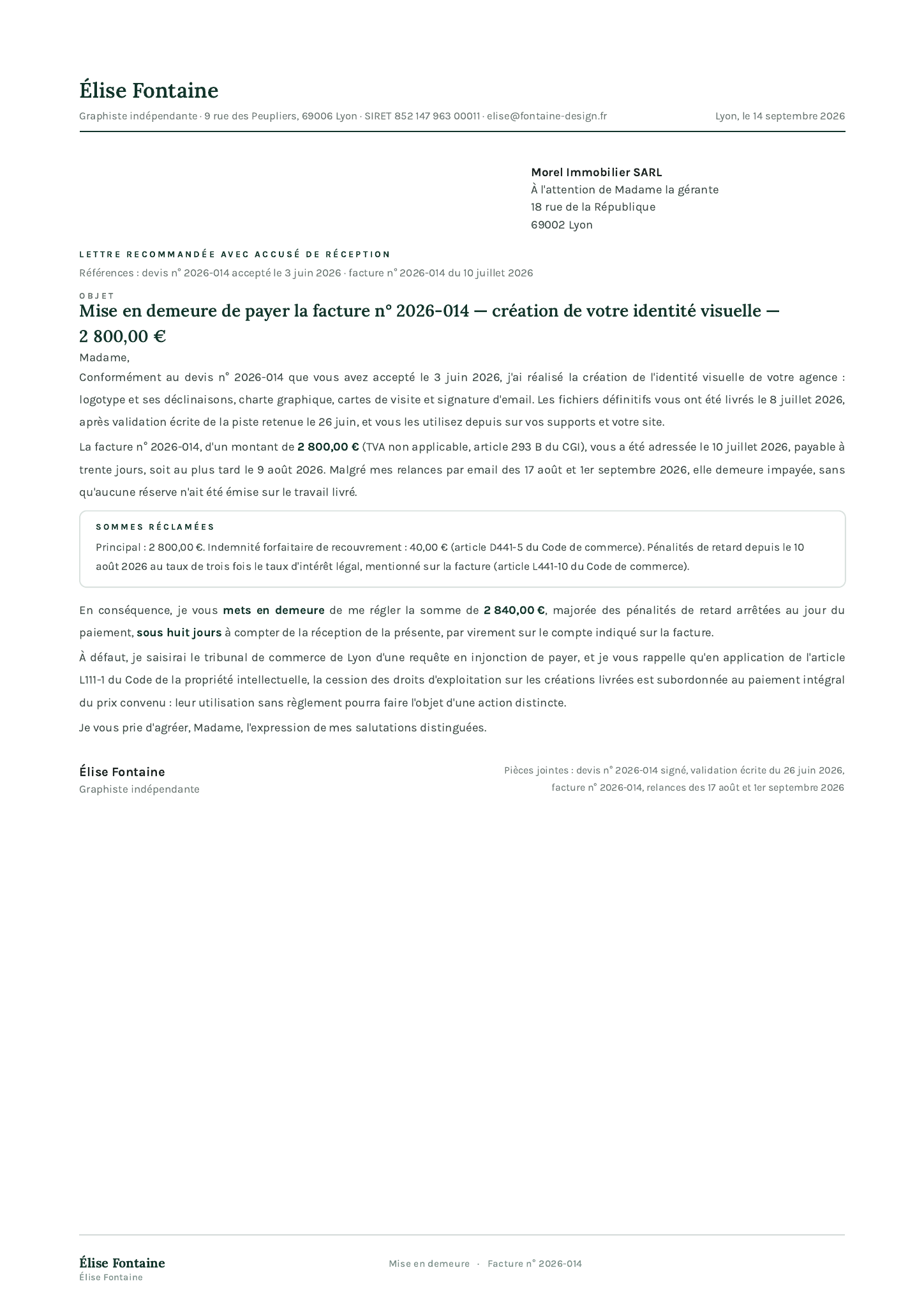 Modèle Mise en demeure facture impayée · Indépendant