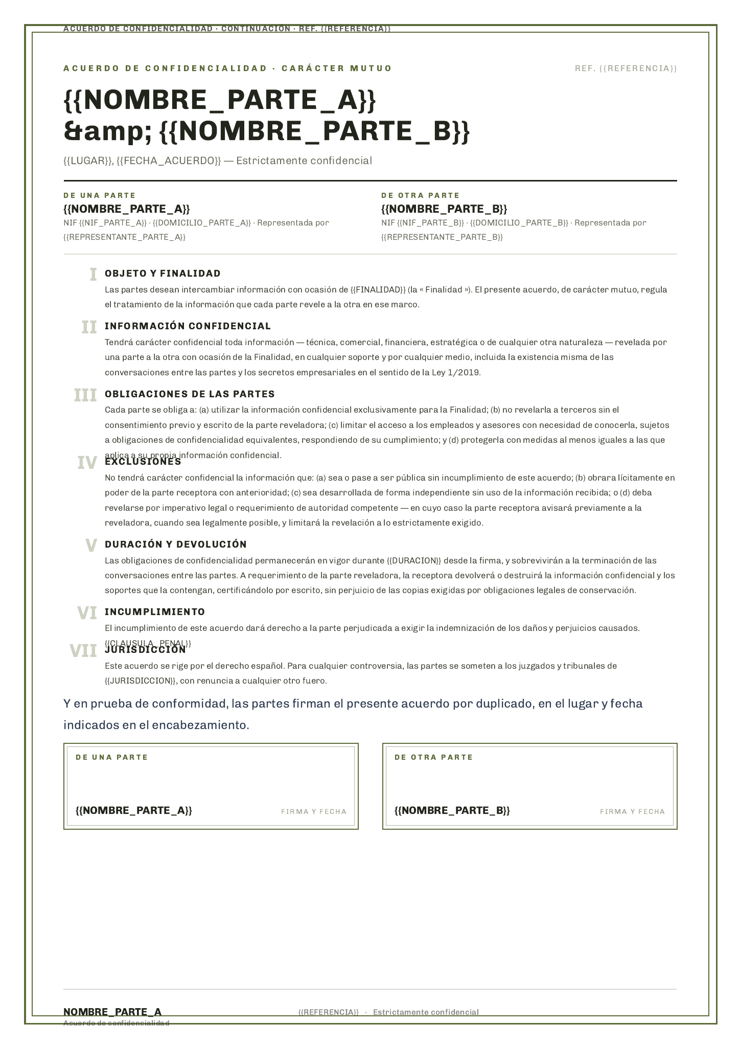 Plantilla Plantilla de acuerdo de confidencialidad · Formal