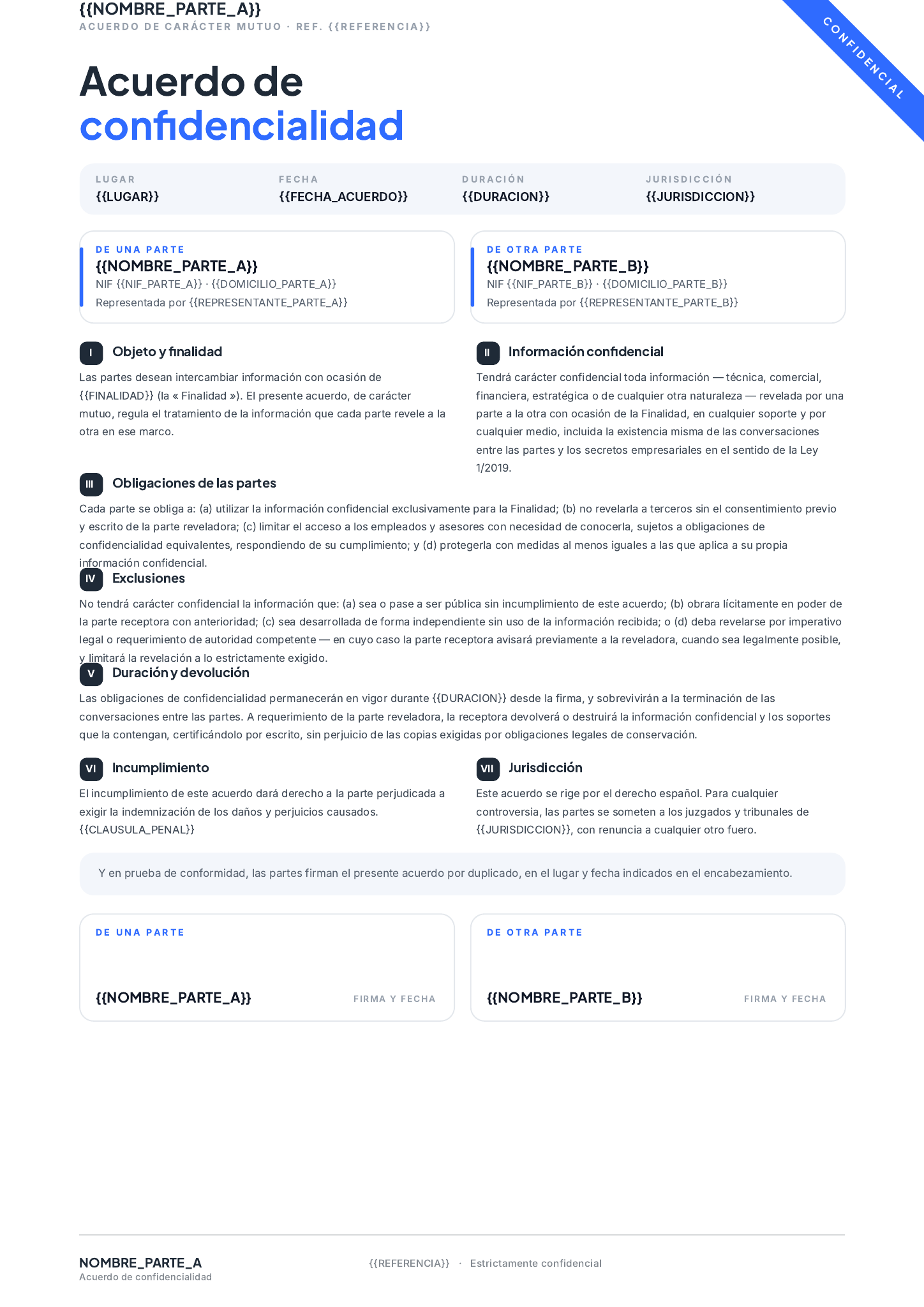 Plantilla Plantilla de acuerdo de confidencialidad · Moderno