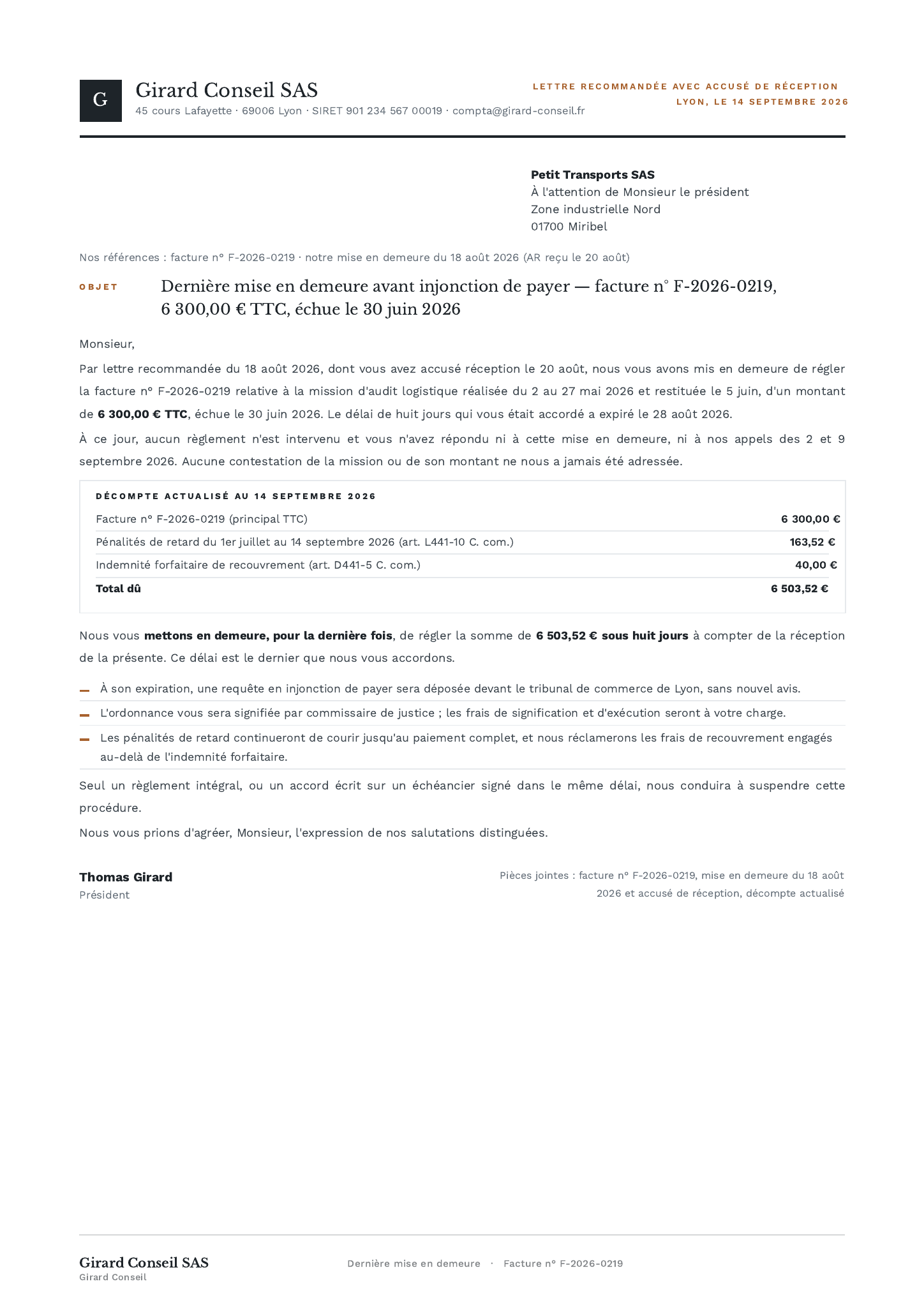 Modèle Mise en demeure facture impayée · Dernière avant injonction