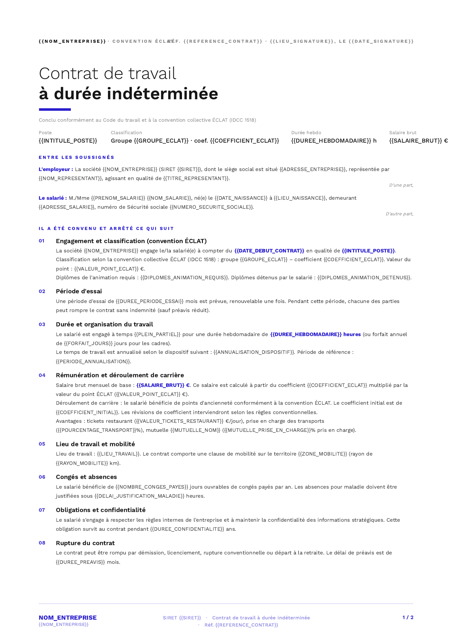 Modèle Modèle Contrat CDI animation