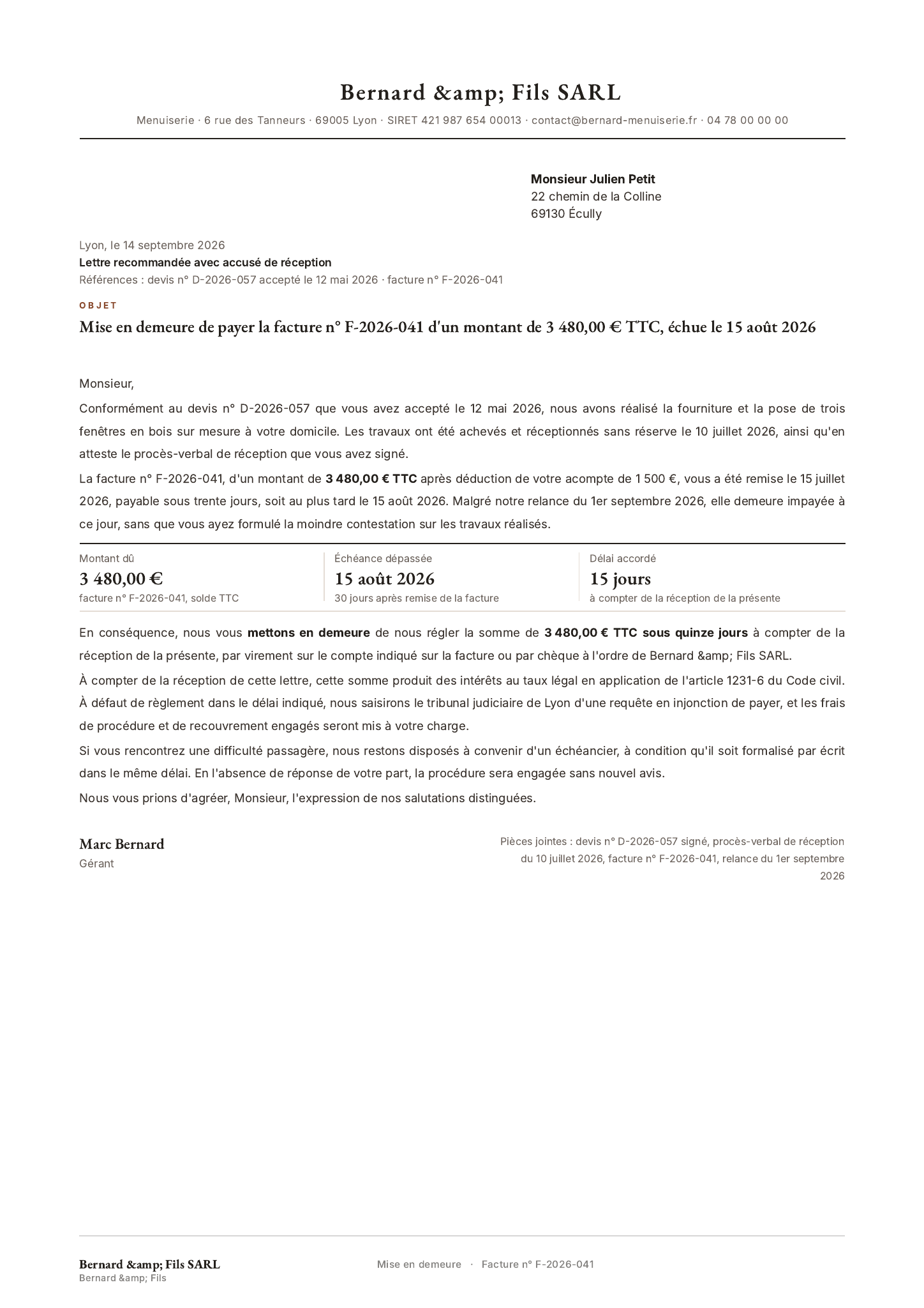 Modèle Mise en demeure facture impayée · Client particulier