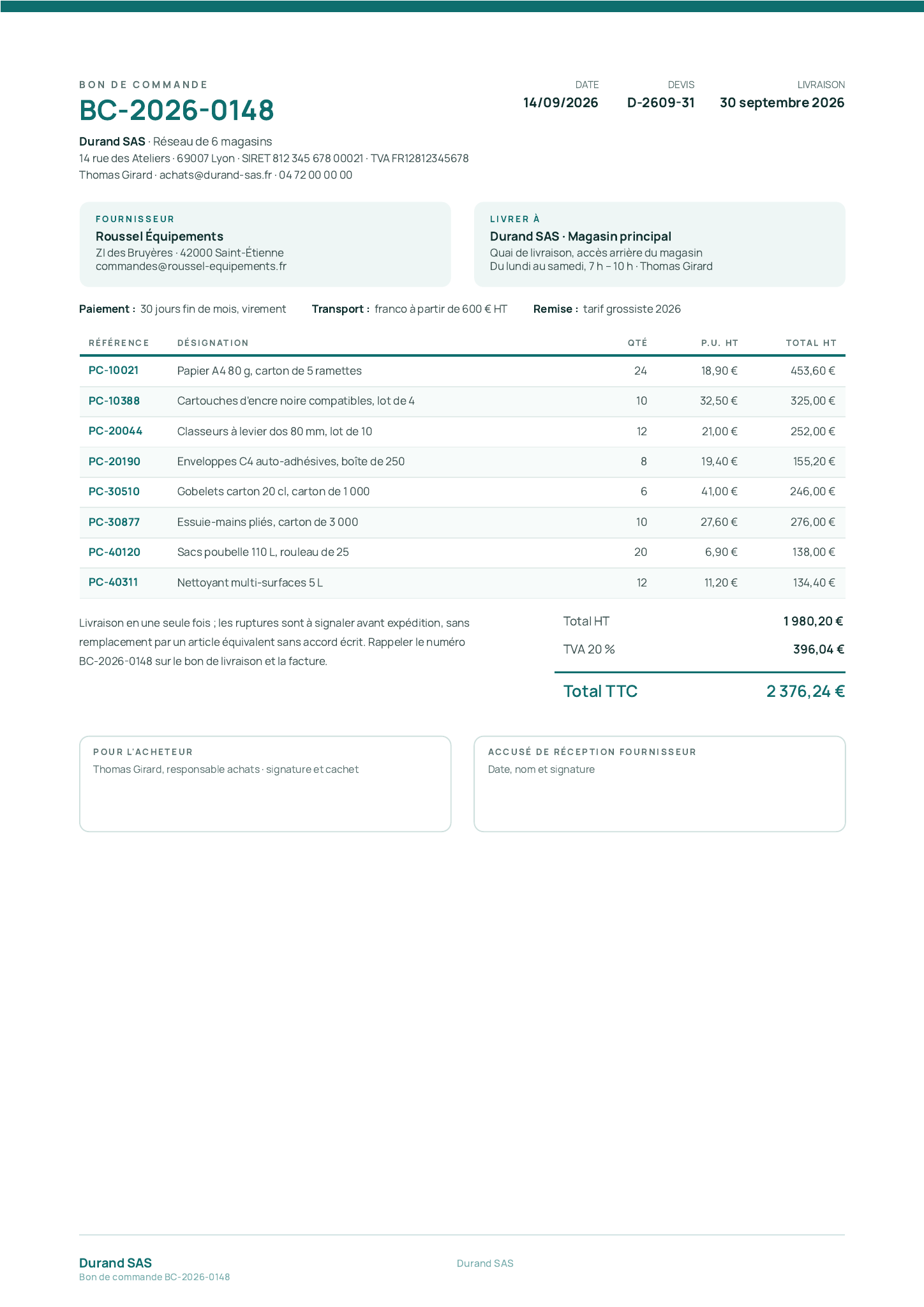 Modèle Modèle de bon de commande · Dépôt