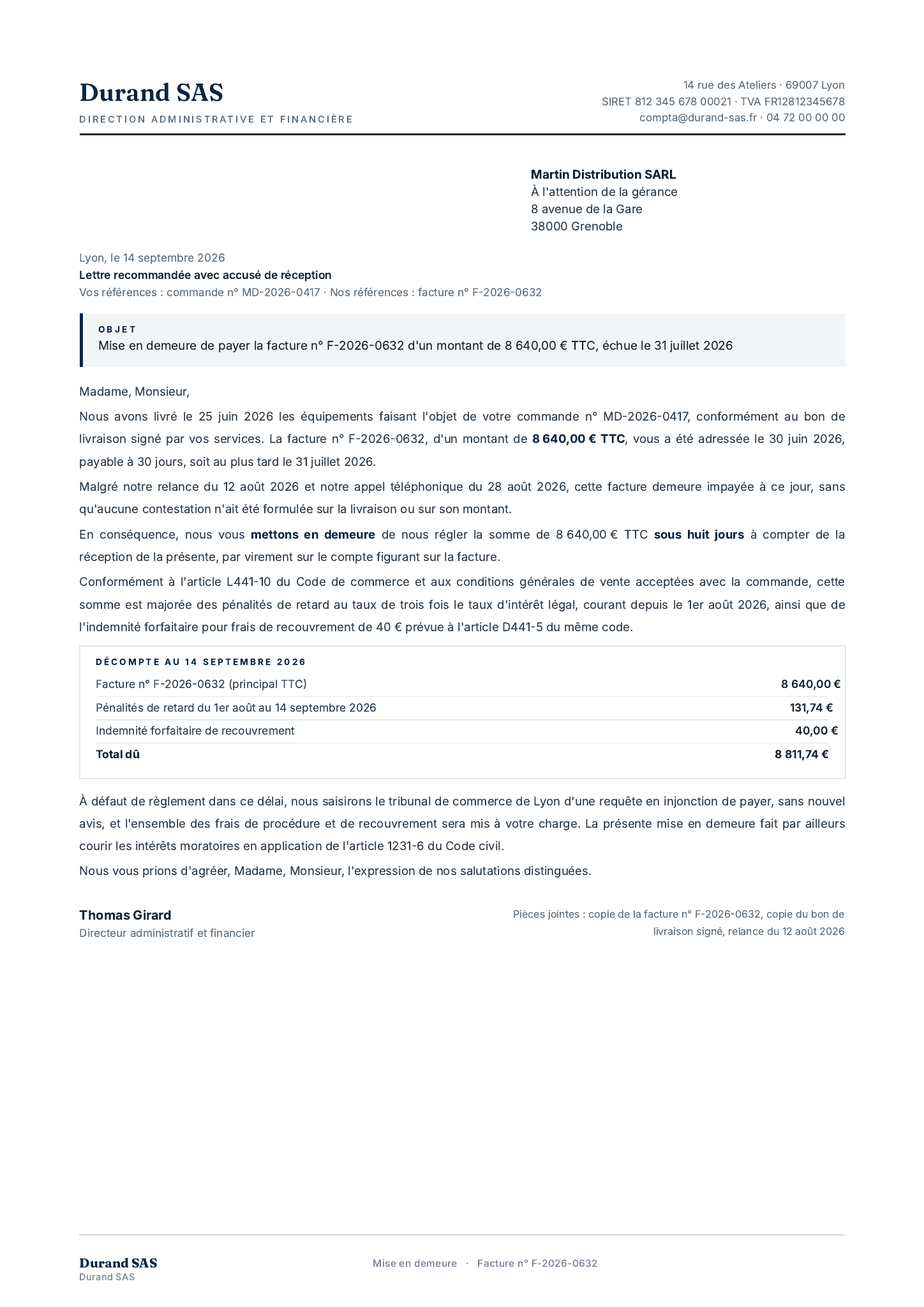 Modèle Mise en demeure facture impayée · Client professionnel