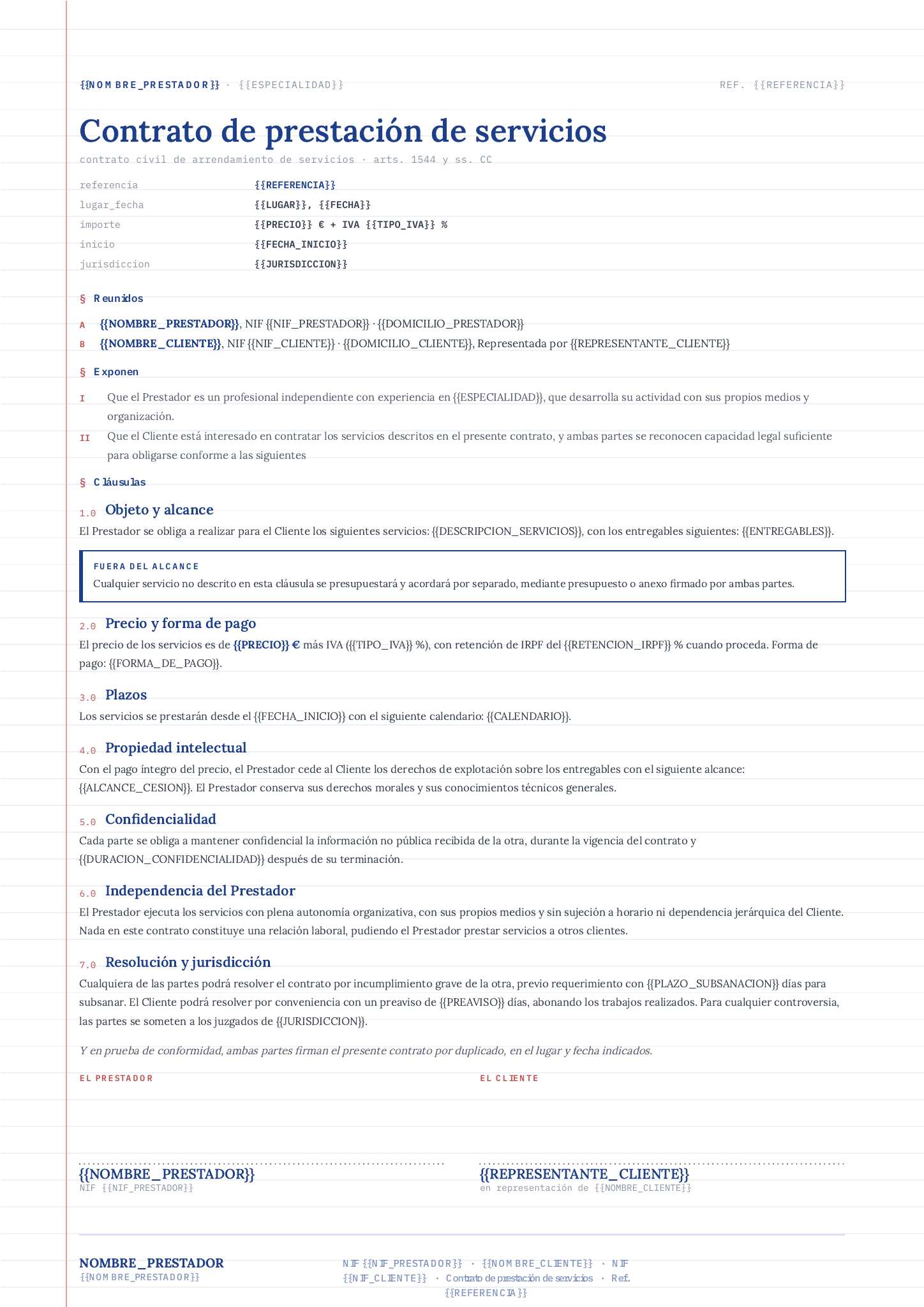 Plantilla Contrato de prestación de servicios · Cuaderno