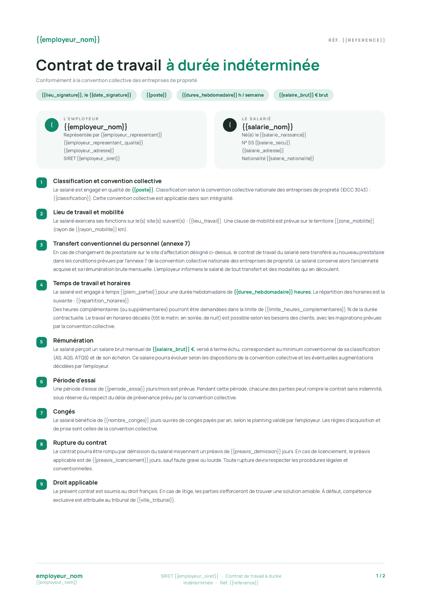 Modèle Contrat CDI propreté · Frais
