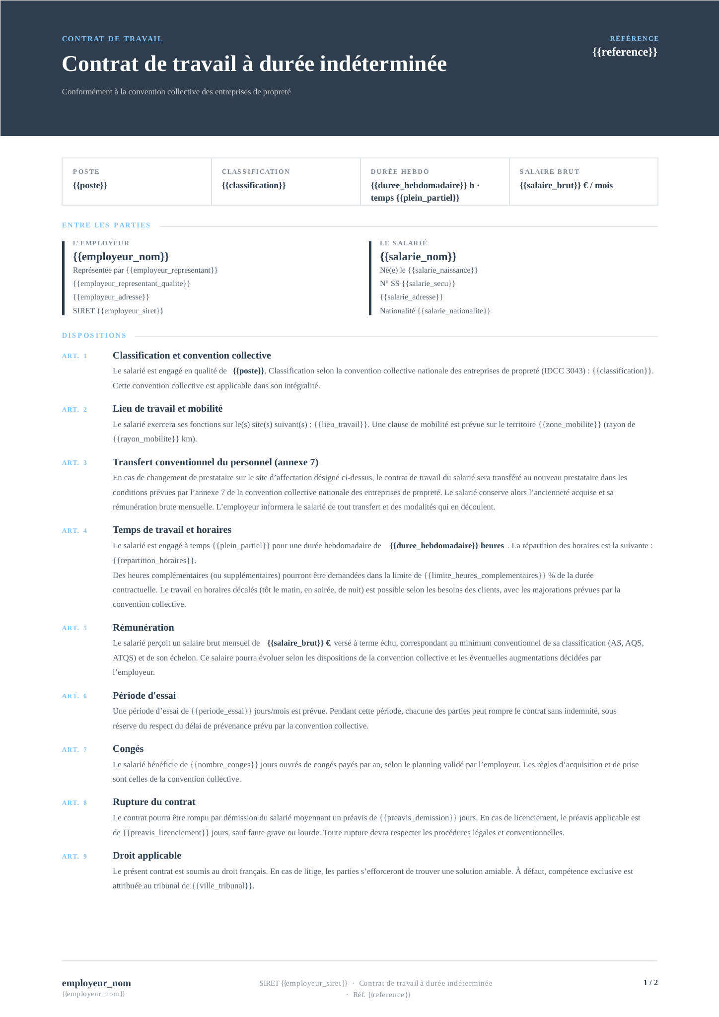 Modèle Contrat CDI propreté · Corporate