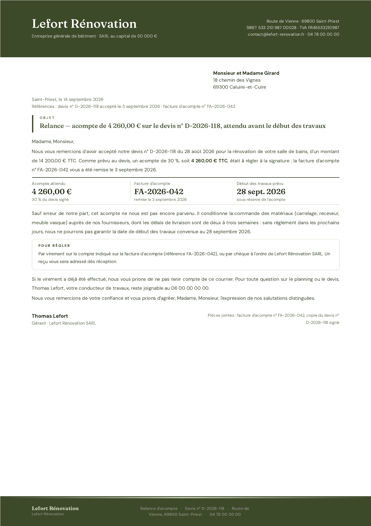 Modèle Lettre de relance · Acompte non versé