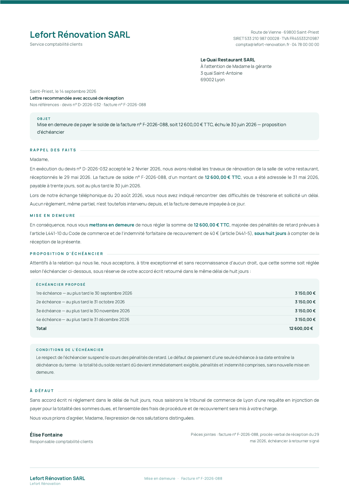Modèle Mise en demeure facture impayée · Avec échéancier