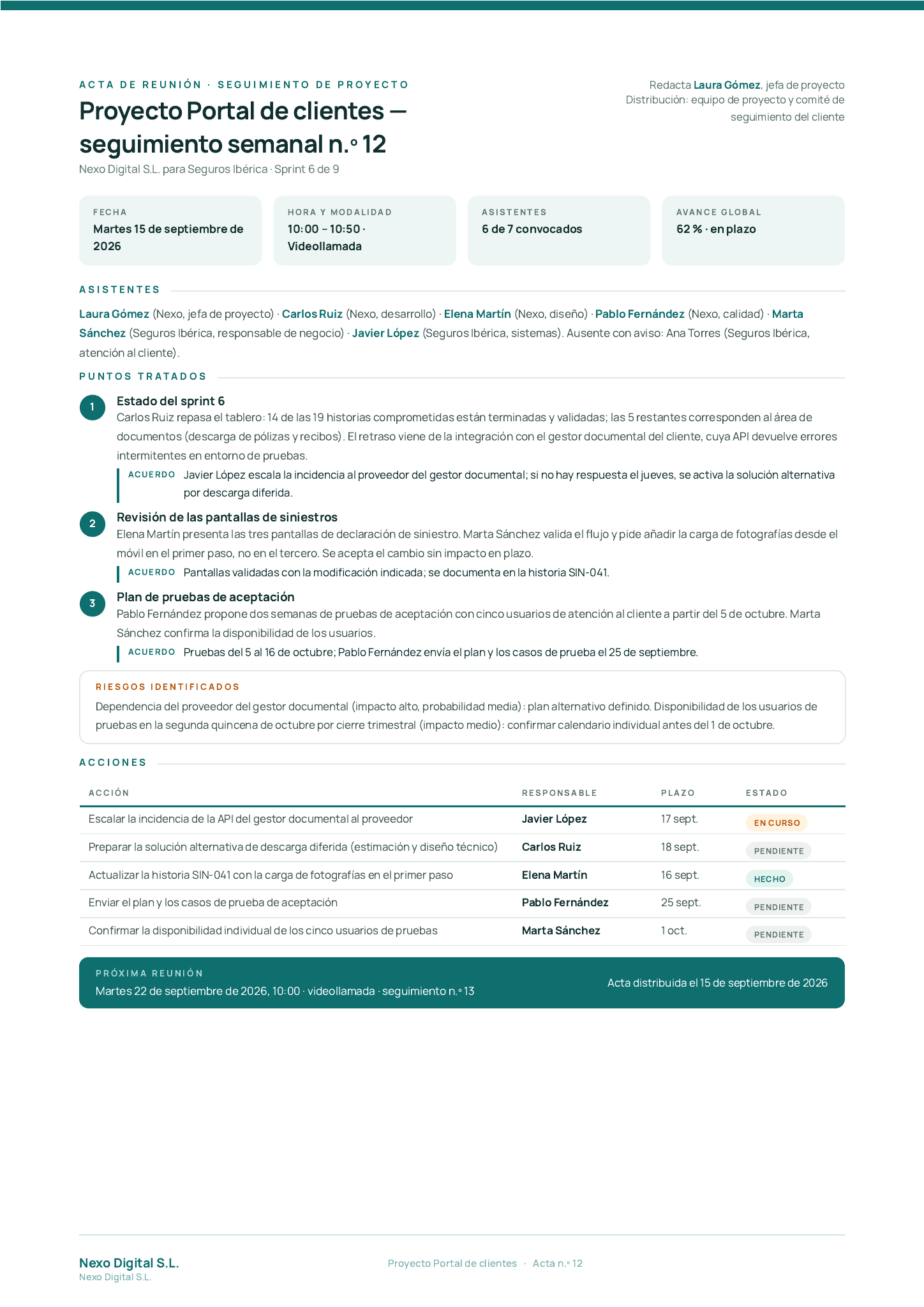 Plantilla Acta de reunión · Seguimiento de proyecto