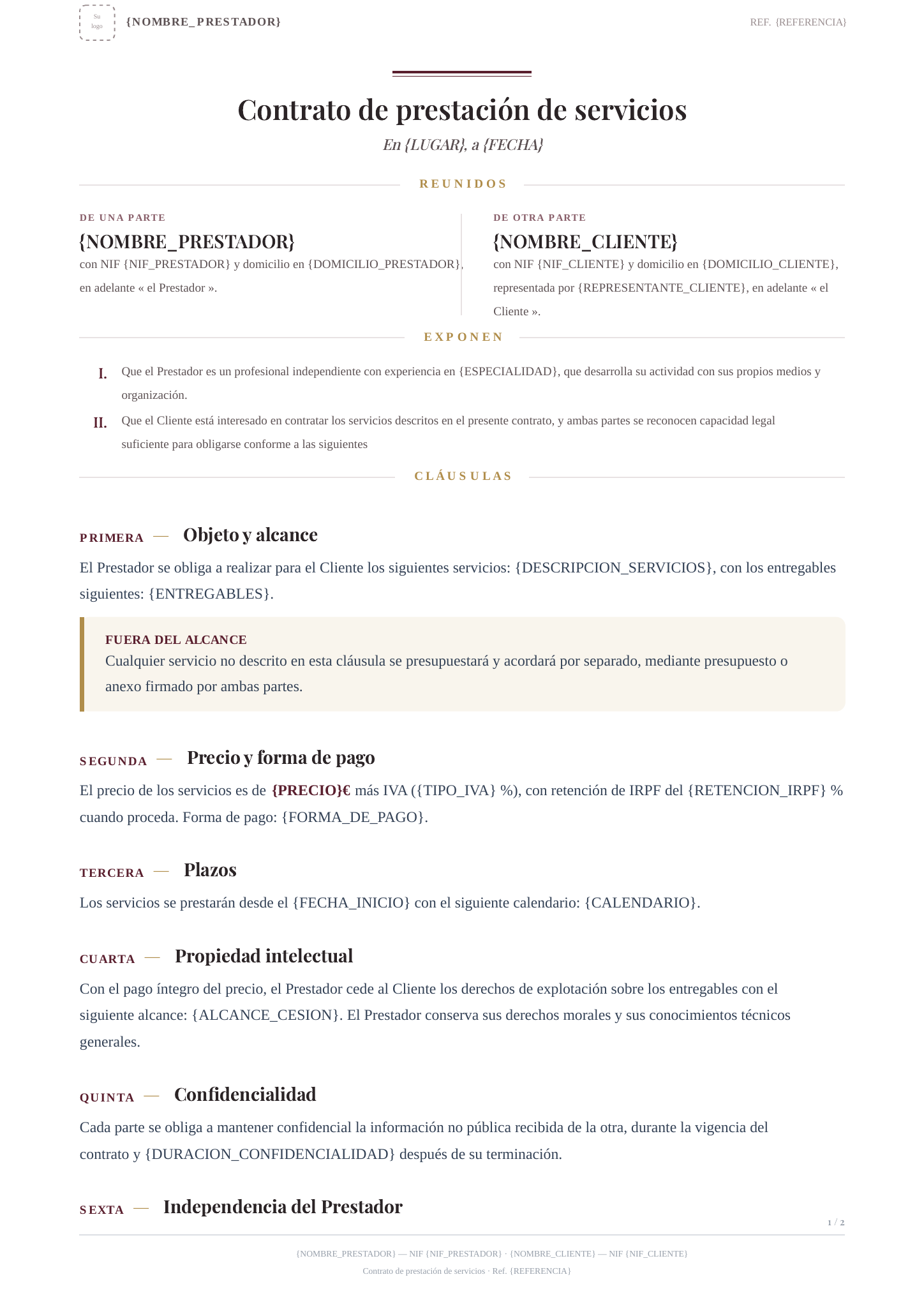 Plantilla Plantilla de contrato de prestacion de servicios