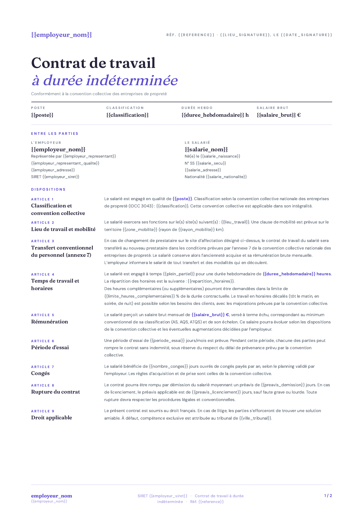 Modèle Contrat CDI propreté · Éditorial
