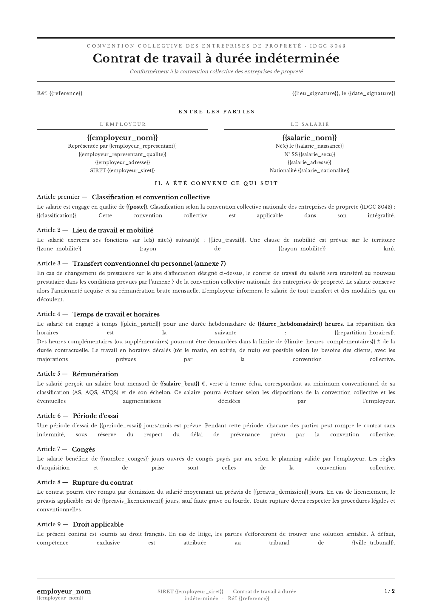 Modèle Contrat CDI propreté · Administratif