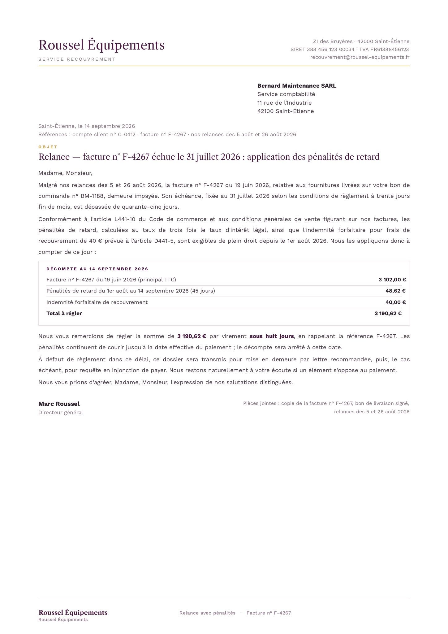 Modèle Lettre de relance · Avec pénalités de retard