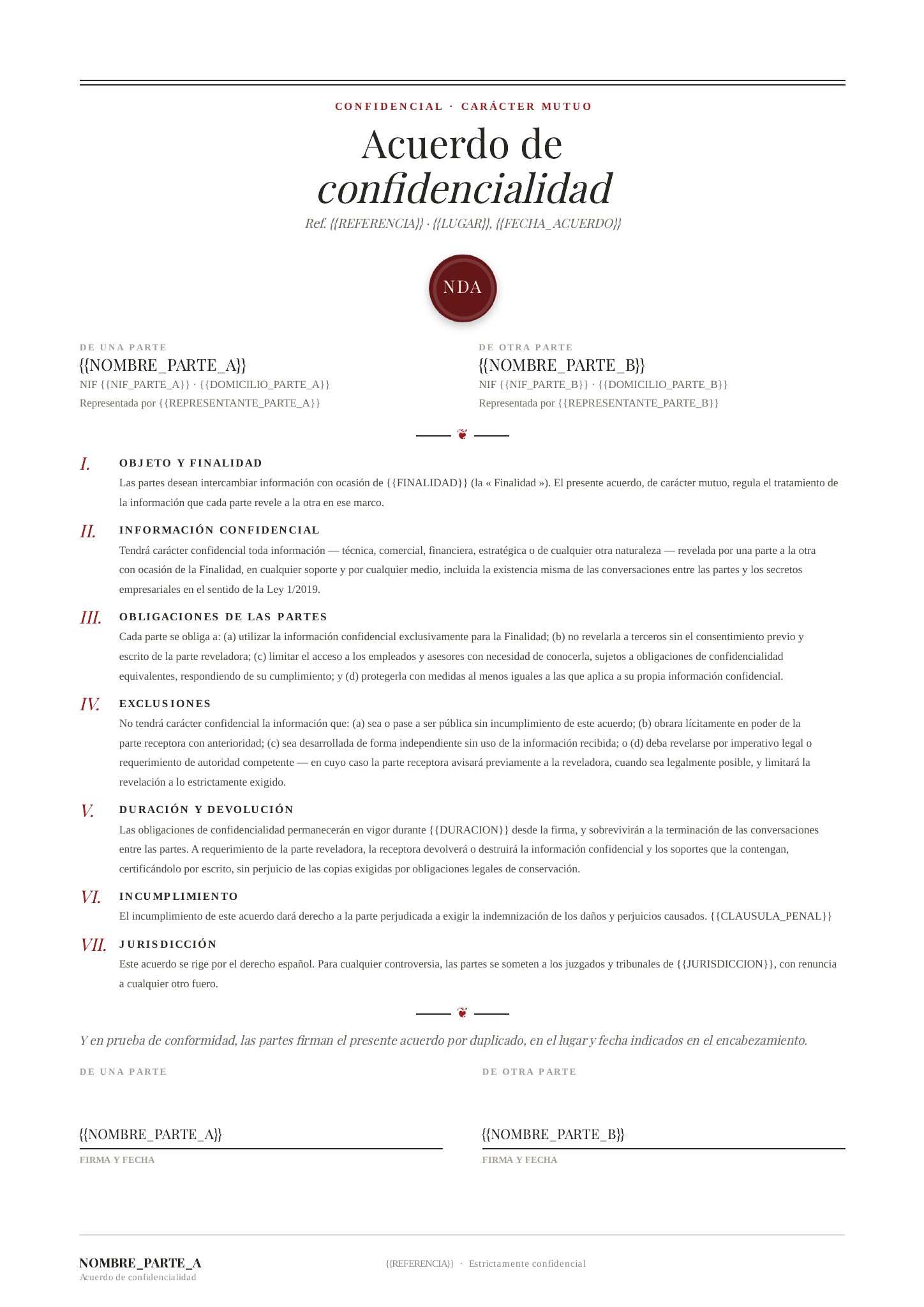 Plantilla Plantilla de acuerdo de confidencialidad · Clásico