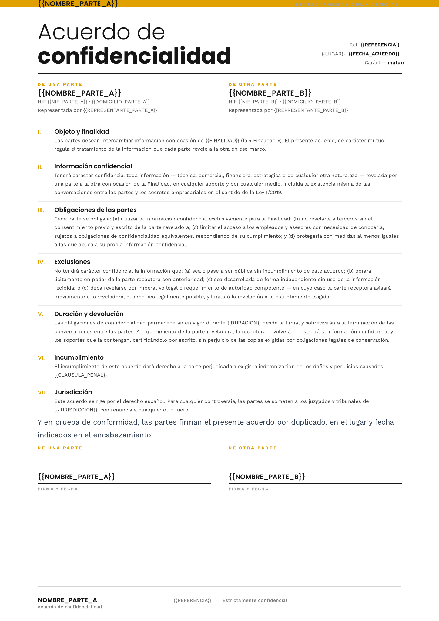 Plantilla Plantilla de acuerdo de confidencialidad · Editorial