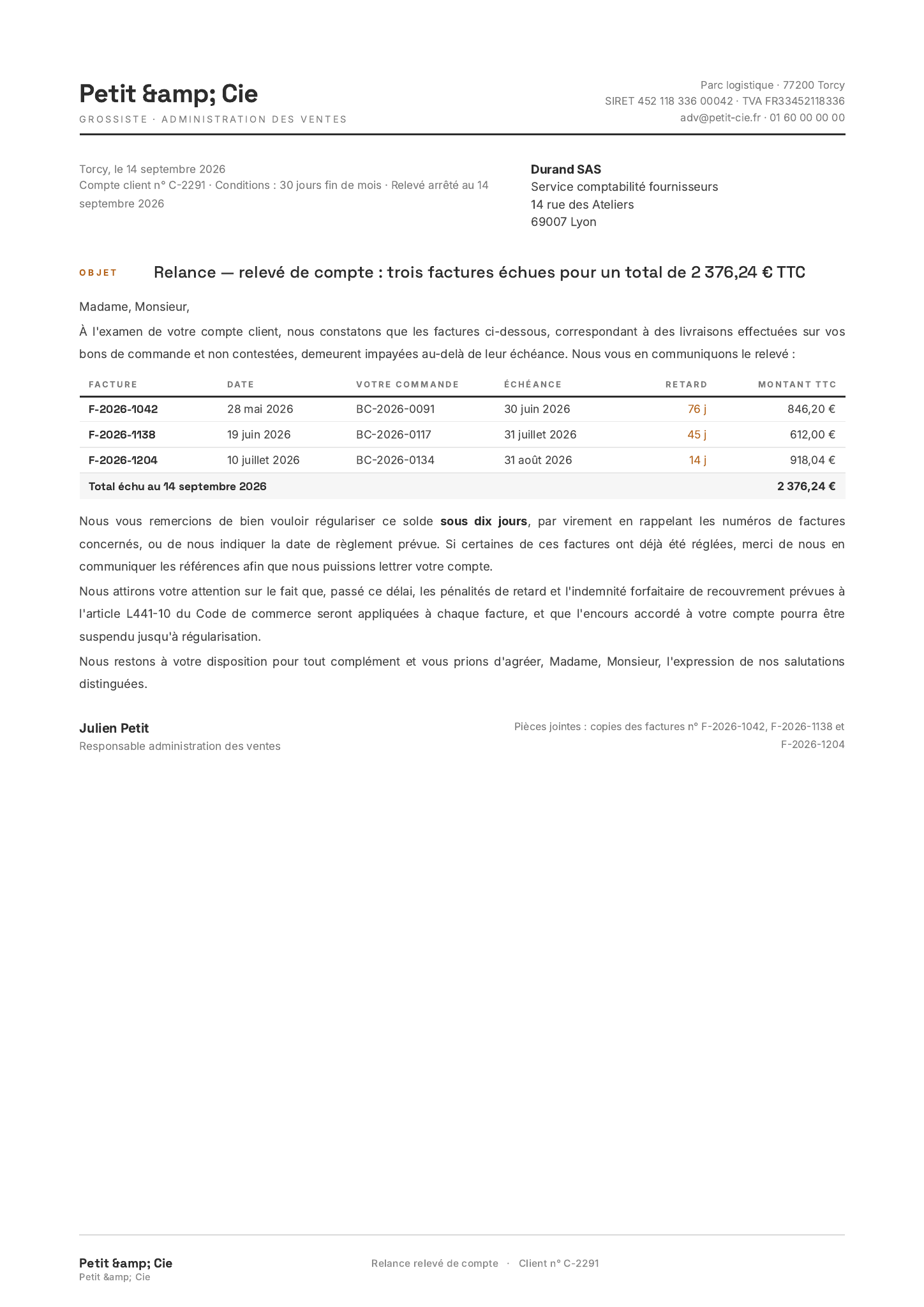 Modèle Lettre de relance · Relevé de compte