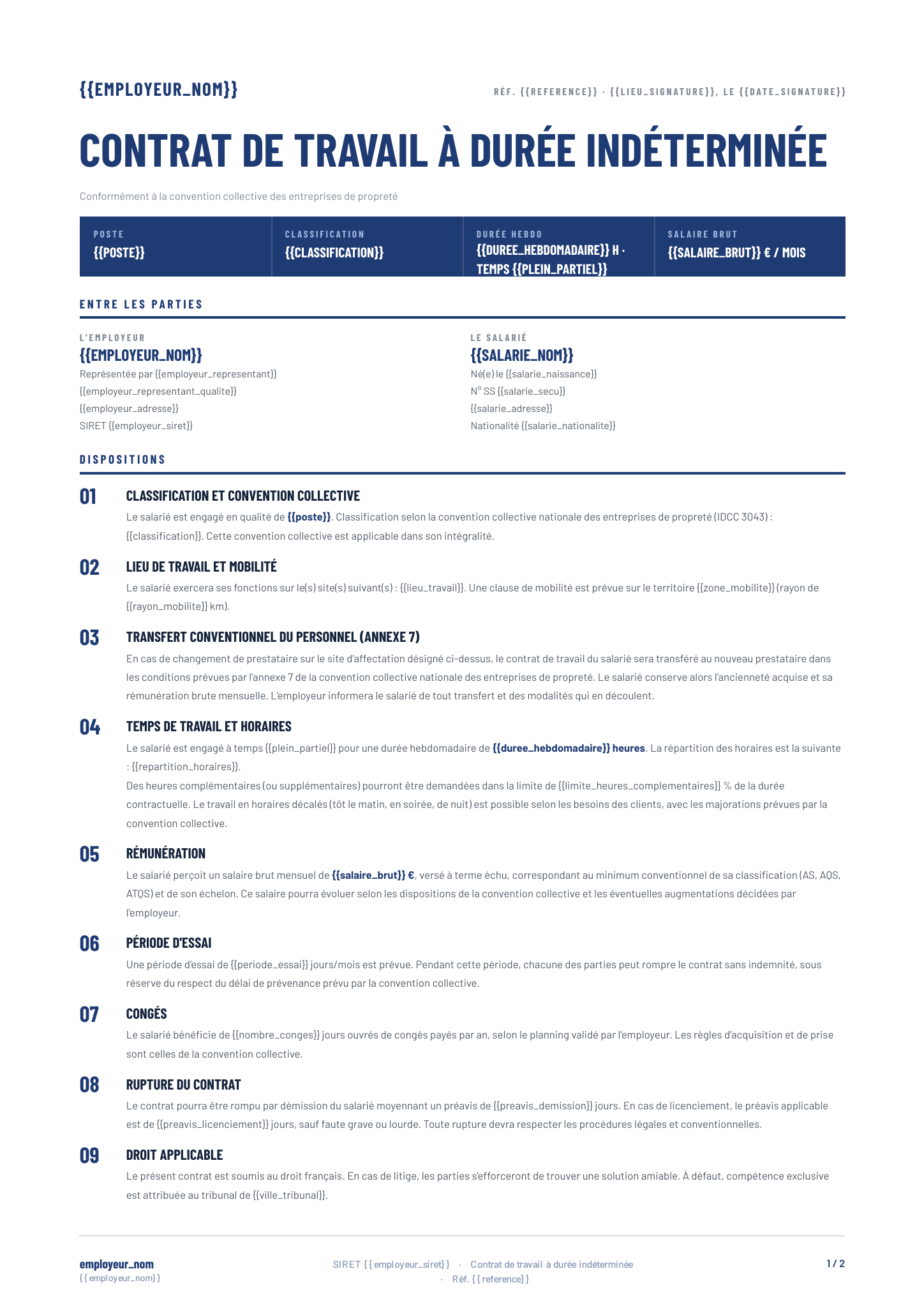 Modèle Contrat CDI propreté · Atelier