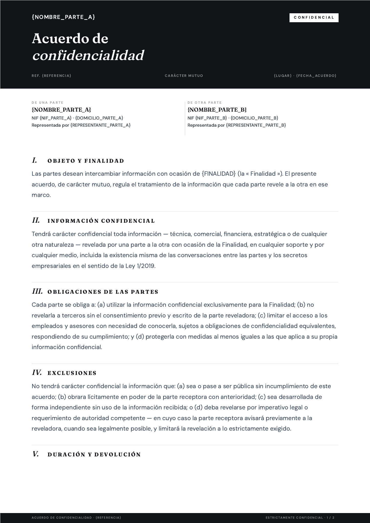 Plantilla Plantilla de acuerdo de confidencialidad · Corporativo