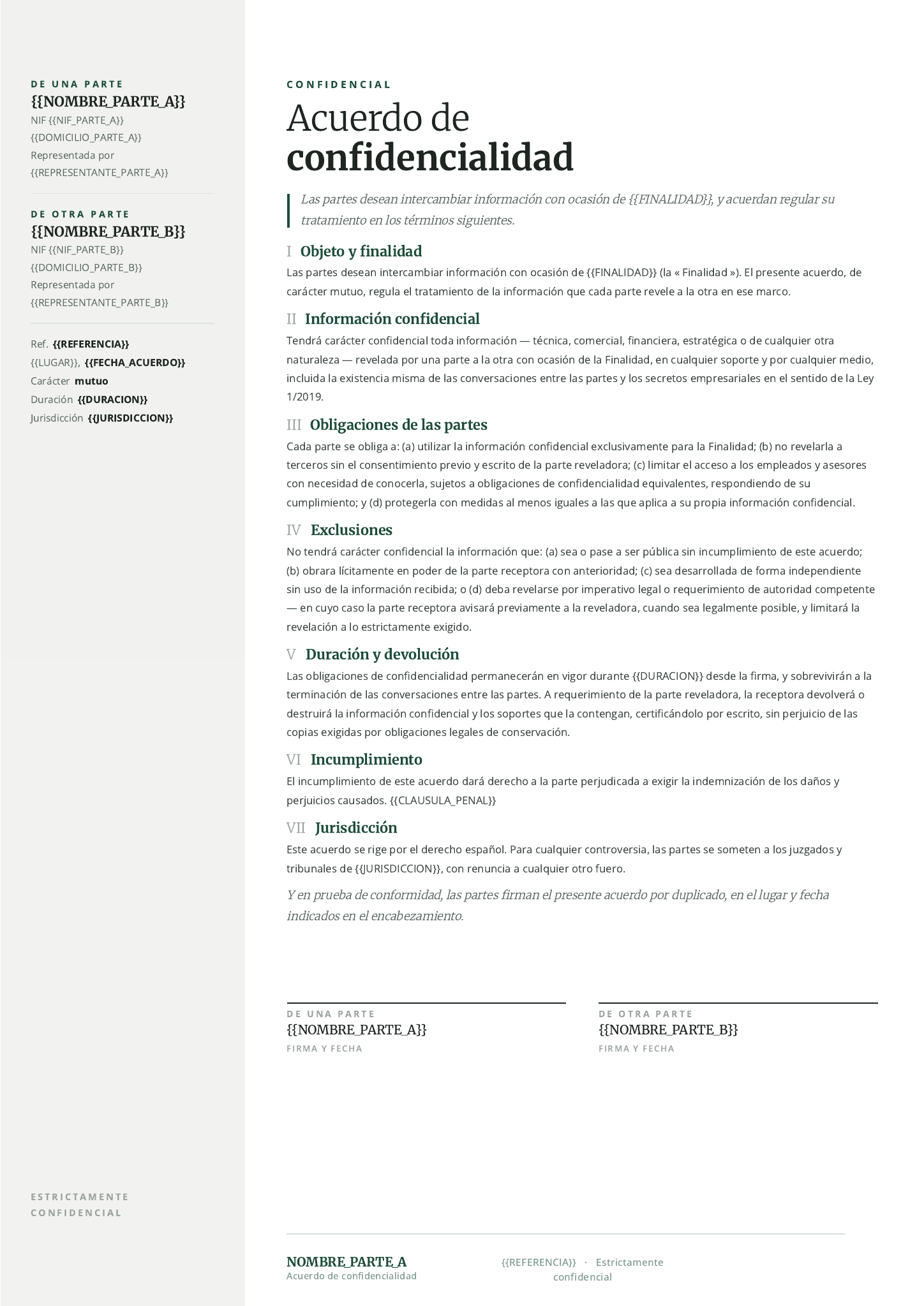 Plantilla Plantilla de acuerdo de confidencialidad · Minimalista