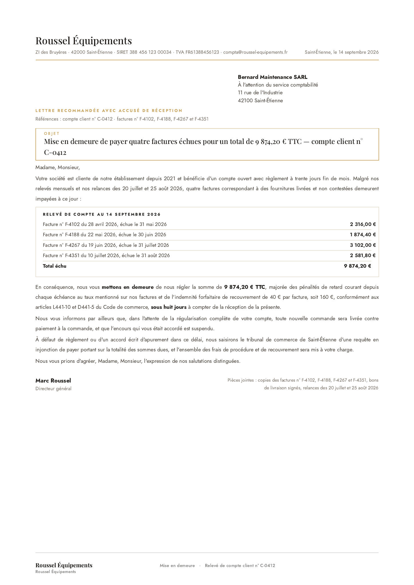Modèle Mise en demeure facture impayée · Plusieurs factures