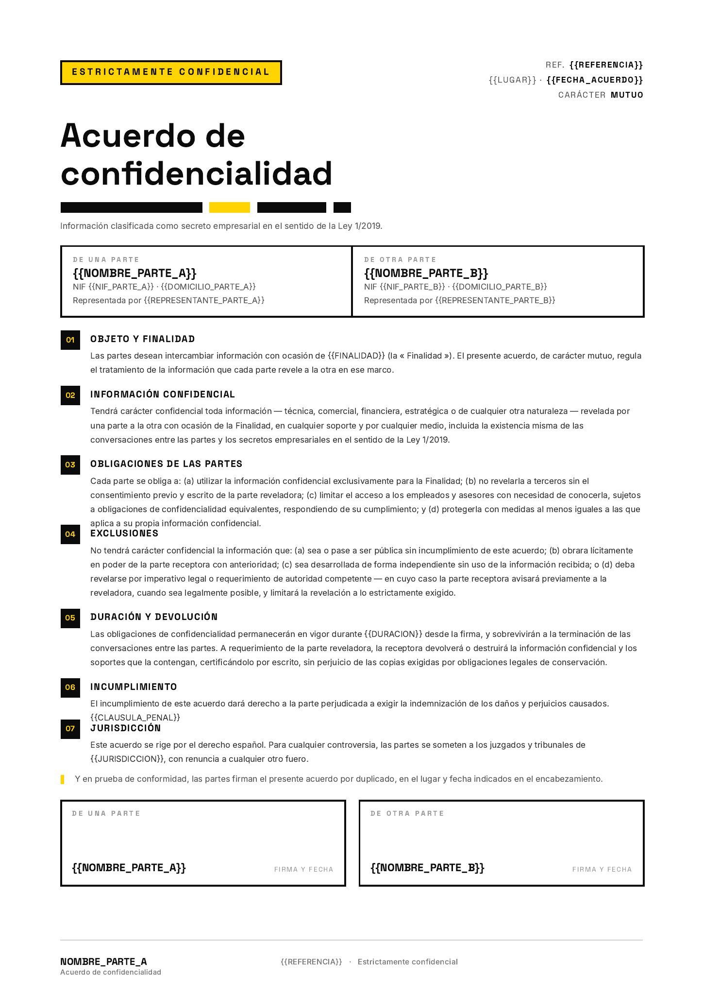 Plantilla Plantilla de acuerdo de confidencialidad · Reservado