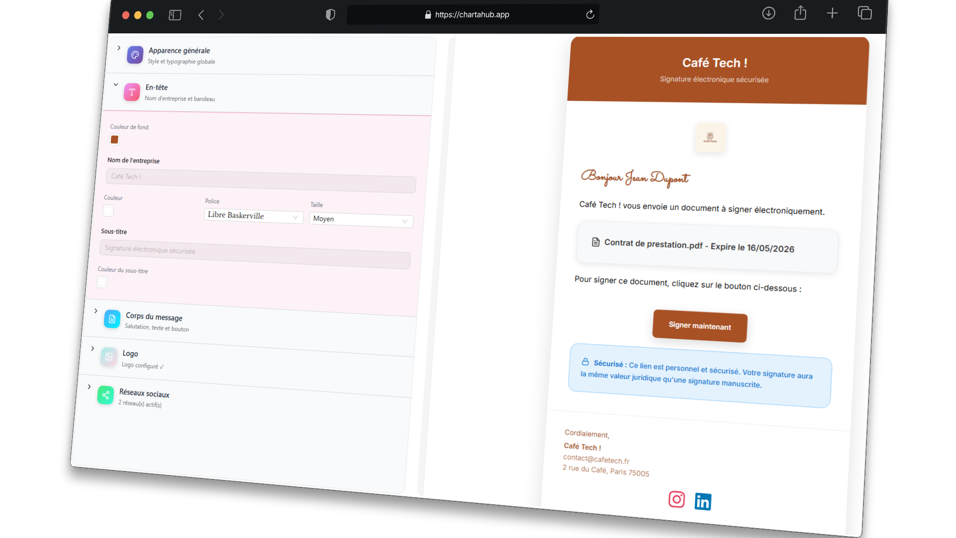 Personnalisation de l'email de demande de signature