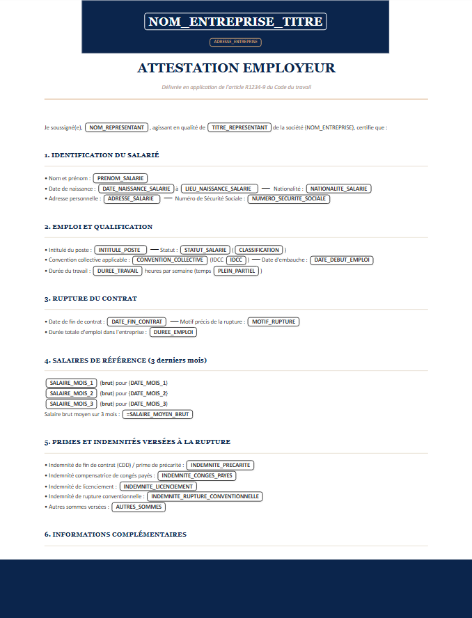 Aperçu du document attestation employeur France Travail Charta — fin de contrat, mentions obligatoires, salaires de référence, motif de rupture