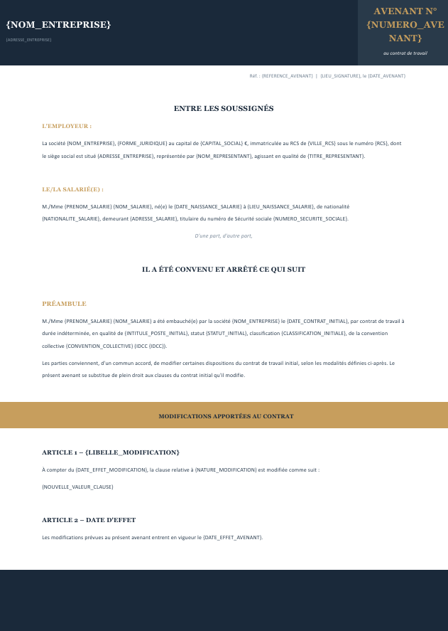 Aperçu du modèle d'avenant au contrat de travail Charta — référence au contrat initial, clauses modifiées, date d'effet, clauses inchangées, double signature