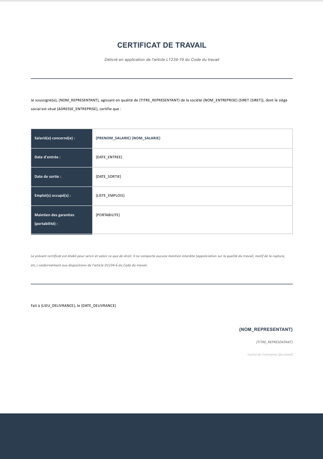 Aperçu du modèle de certificat de travail Charta — identité des parties, emploi occupé, dates d'entrée et de sortie, portabilité prévoyance