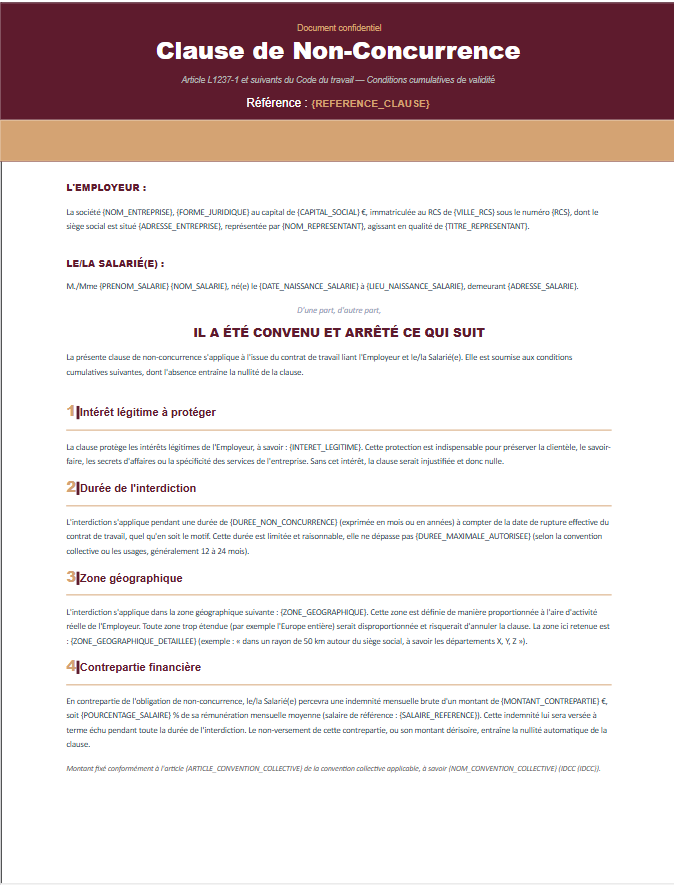 Aperçu du modèle de clause de non-concurrence Charta — définition de l'activité interdite, limitation dans le temps et l'espace, contrepartie financière, modalités de levée