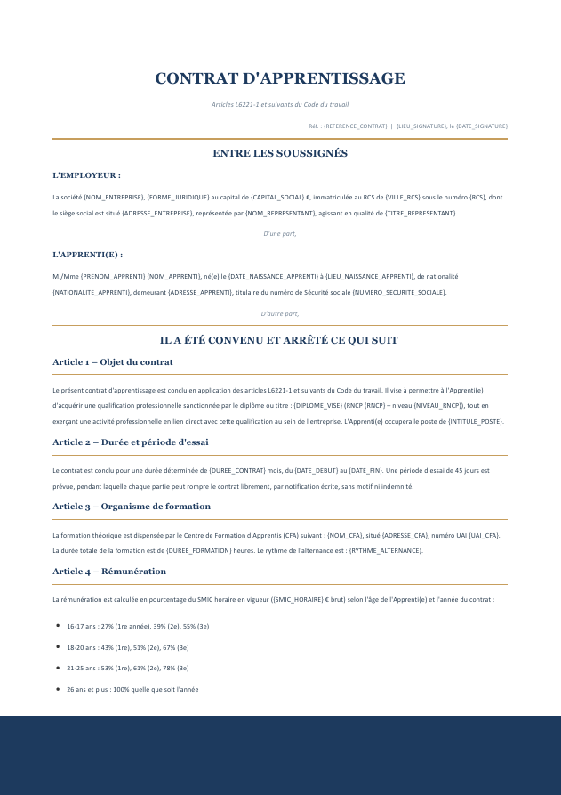 Aperçu du modèle de contrat d'apprentissage Charta