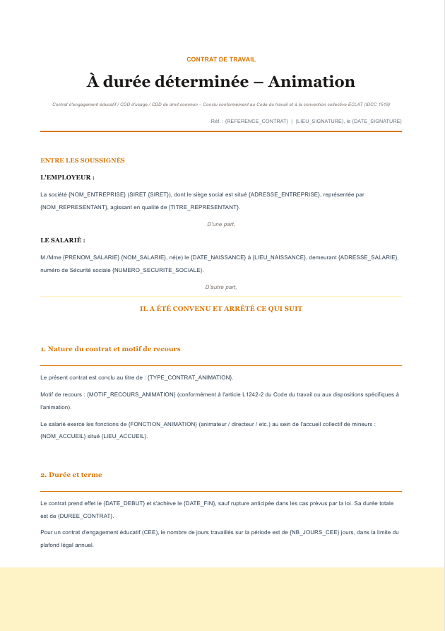 Aperçu du modèle de contrat animation Charta — contrat d'engagement éducatif, CDD d'usage, BAFA BAFD, forfait jour, convention ÉCLAT, mentions obligatoires