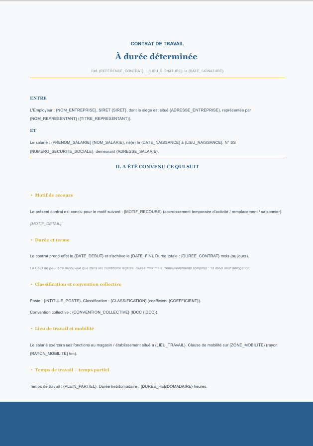 Aperçu du modèle de contrat CDD commerce Charta — convention collective applicable, renforts saisonniers, temps partiel, travail du dimanche, mentions obligatoires