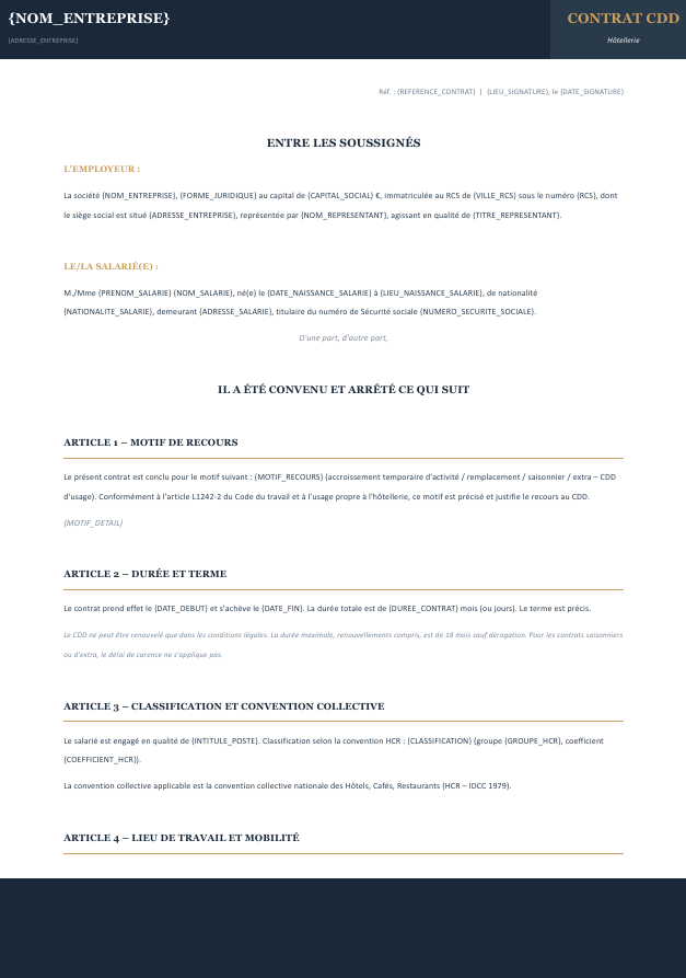 Aperçu du modèle de contrat CDD hôtellerie Charta — convention HCR, saisonnier, travail de nuit, avantages logement et nourriture, mentions obligatoires