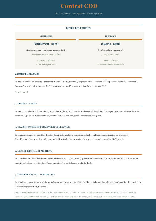 Aperçu du modèle de contrat CDD propreté Charta — convention collective propreté, reprise de personnel article 7, horaires décalés, multi-sites, mentions obligatoires