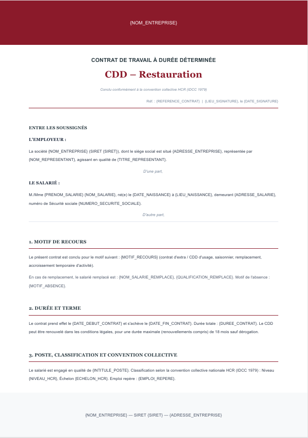 Aperçu du modèle de contrat CDD restauration Charta — convention collective HCR, contrat d'extra, saisonnier, prime de précarité, mentions obligatoires