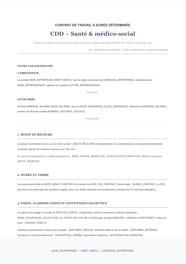Aperçu du modèle de contrat CDD santé Charta — convention collective applicable, remplacement, diplômes et autorisations d'exercice, horaires de nuit, mentions obligatoires