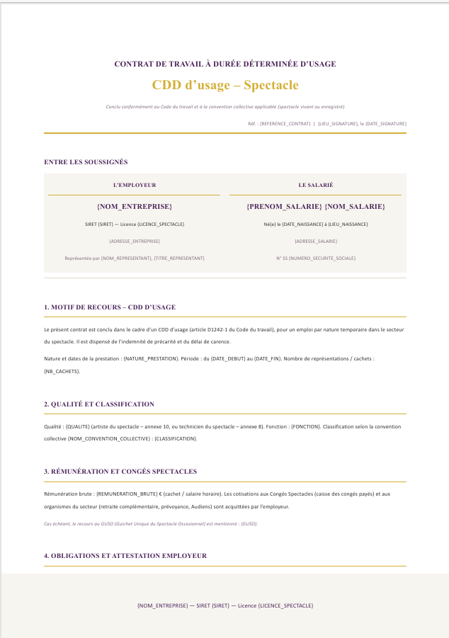 Aperçu du modèle de contrat CDD spectacle Charta — CDD d'usage intermittent, annexes 8 et 10, convention collective, congés spectacles, attestation employeur