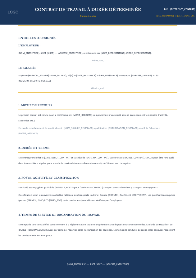 Aperçu du modèle de contrat CDD transport routier Charta — convention collective transports, temps de service, FIMO/FCO, mentions obligatoires