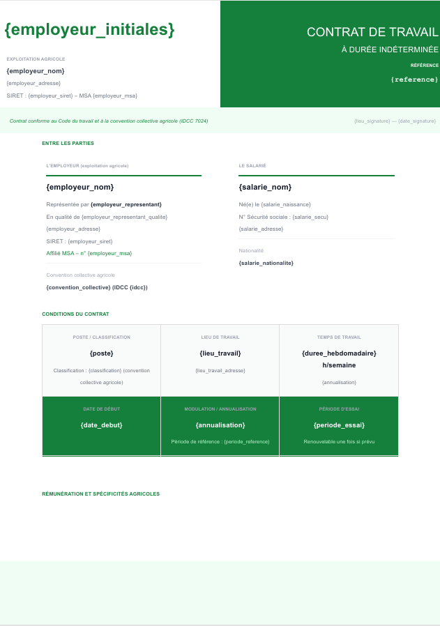 Aperçu du modèle de contrat CDI agricole Charta — MSA, classification par palier, annualisation, logement
