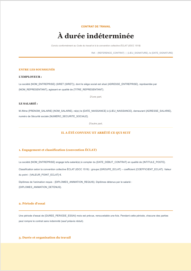 Aperçu du modèle de contrat CDI animation Charta — convention ÉCLAT, classification par groupe, BAFA/BAFD