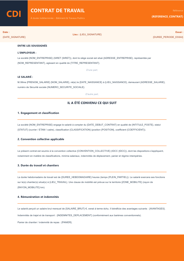 Aperçu du modèle de contrat CDI BTP Charta — classification, indemnités de trajet, paniers, intempéries