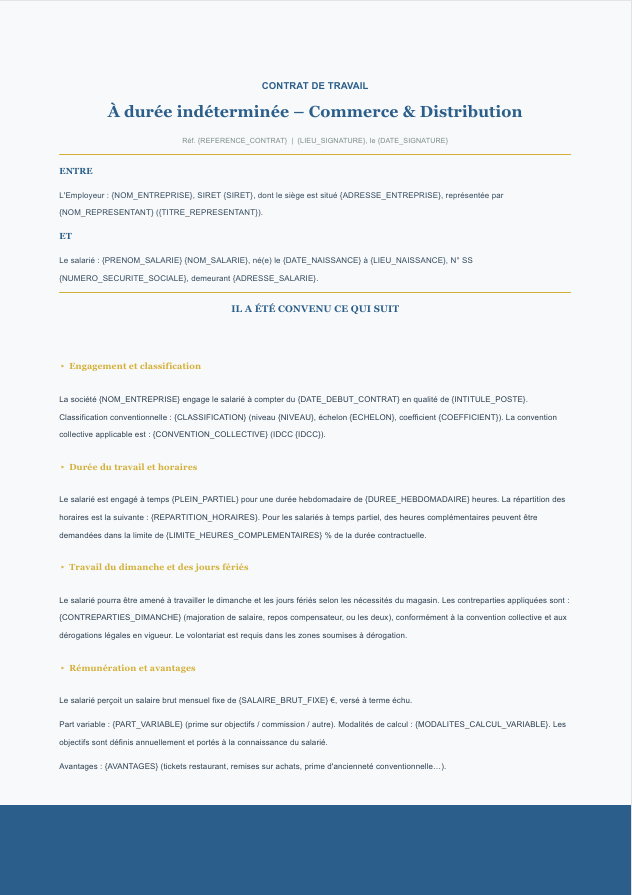 Aperçu du modèle de contrat CDI commerce Charta — travail du dimanche, horaires, classification, primes