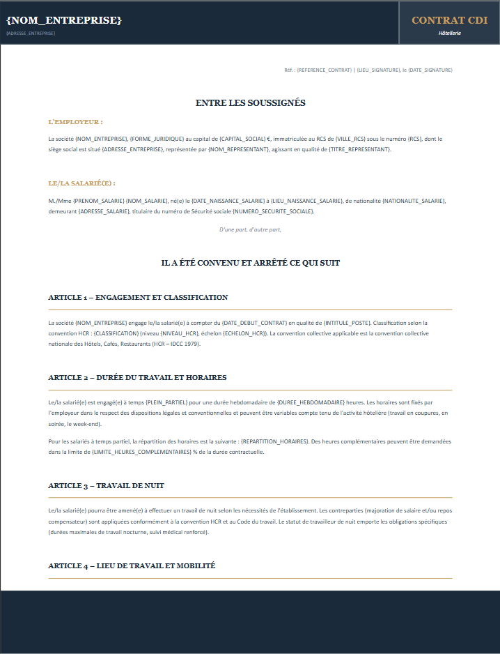 Aperçu du modèle de contrat CDI hôtellerie Charta — convention HCR, travail de nuit, avantage nourriture et logement