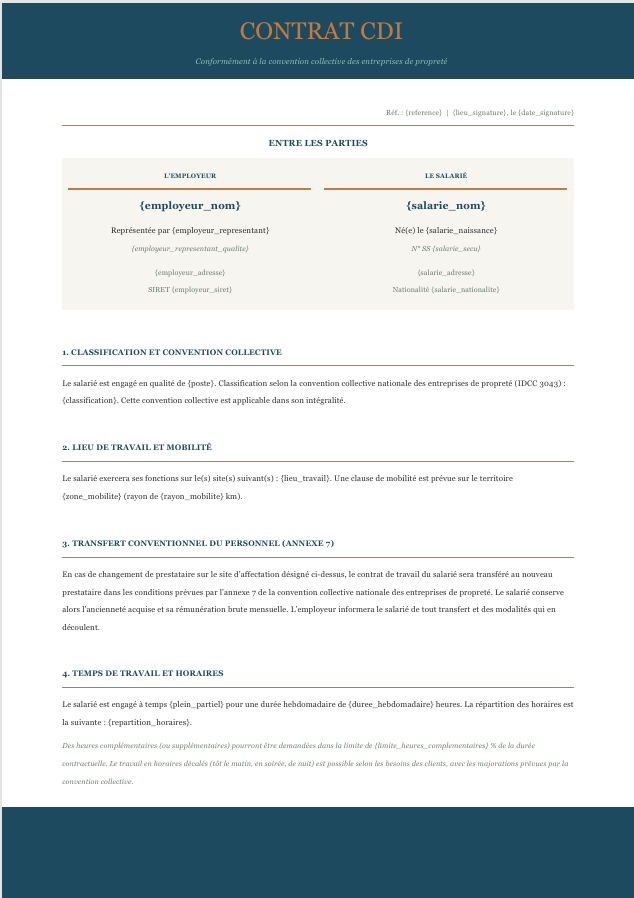 Aperçu du modèle de contrat CDI propreté Charta — classification, horaires décalés, transfert de personnel