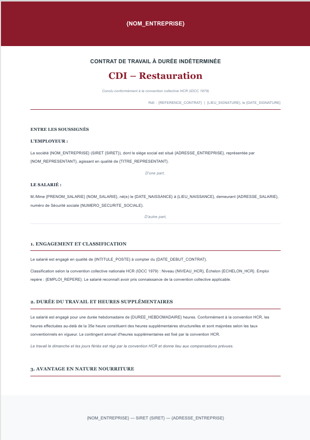 Aperçu du modèle de contrat CDI restauration Charta — convention HCR, durée 39h, avantage nourriture, coupures