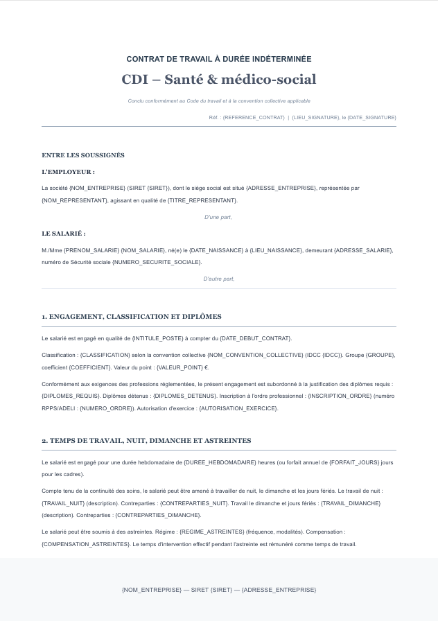 Aperçu du modèle de contrat CDI santé Charta — astreintes, travail de nuit, secret professionnel, diplômes