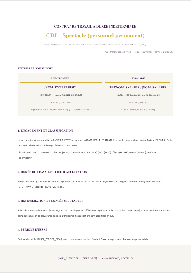 Aperçu du modèle de contrat CDI spectacle Charta — personnel permanent, classification, congés spectacles